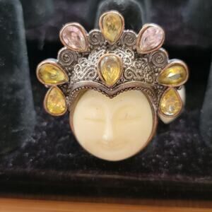 Vintage Moon Face Ring Filigree Halo Teardrop Stones Silver Tone Boho Size 7.5